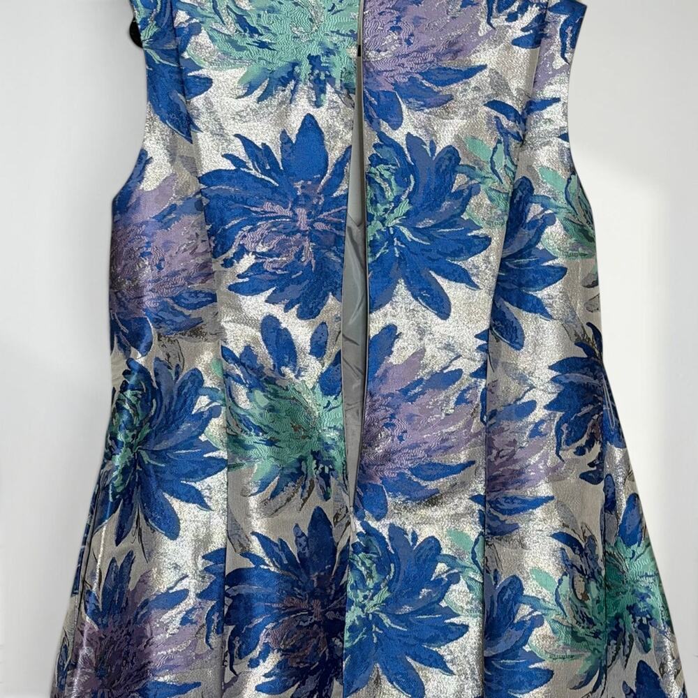Adrianna Papell 16W Blue Silver Metallic Jacquard Midi Dress Pockets Wedding - Picture 9 of 13